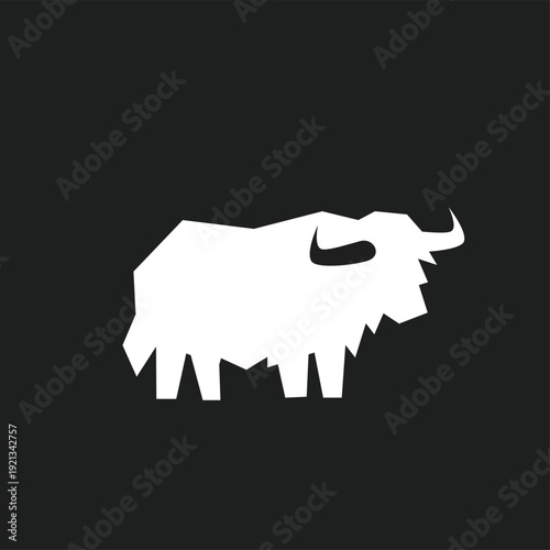 White Geometric Bison or Yak Silhouette Logo on Black Background