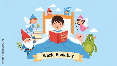 Enchanting scene of a child happily reading a 'World Book Day' book in bed, surrounded by whimsical storybook characters including fairies, gnomes, a pig, and a friendly monster.