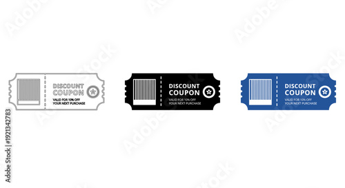 Discount Coupon Ticket Icon Set in Outline, Solid Black, and Blue Gradient Styles for E-commerce Sales, Retail Marketing, and Promotional Offers