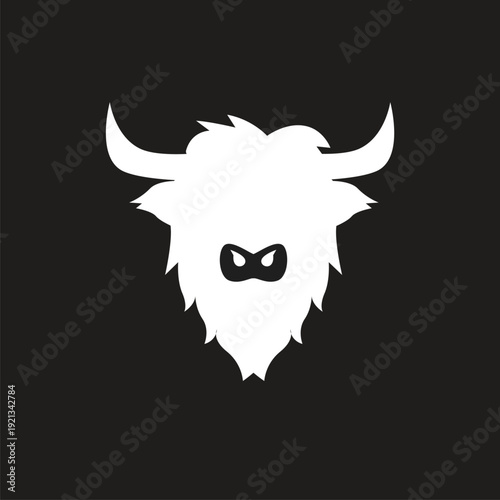 White Yak Head Silhouette with Horns and Shaggy Fur. Stylized Bull Logo Icon Design on Black Background.