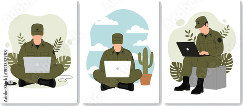 Military personnel in uniforms using laptops outdoors with foliage, cactus, and block seating representing digital technology integration and remote operations