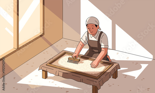 Traditional rice drying and sorting process