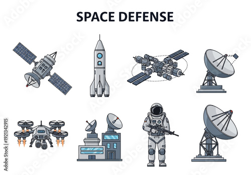 Various elements related to space exploration, defense systems, and astronautics illustrated in a clean, vector style