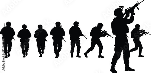 Silhouettes of seven armed soldiers with rifles in various stances representing military personnel action, tactical movement, and defense concept