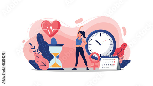 Woman engages in exercise, surrounded by a heartbeat icon, an hourglass, and a calendar with a female symbol, representing comprehensive women's health, fitness, and menstrual cycle tracking.