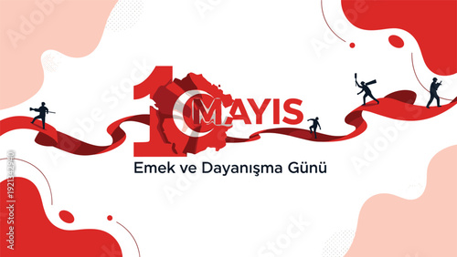 Vibrant banner commemorating '1 May?s Emek ve Dayan?sma G�n�' (May 1st Labor and Solidarity Day) in Turkish, featuring dynamic silhouettes of workers and the symbolic Turkish flag.