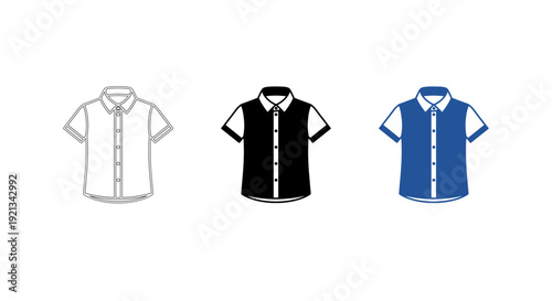 Short Sleeve Button-Up Shirt Icon Set with Outline, Solid, and Monotone Designs for Fashion, Apparel, and Uniform Branding