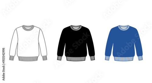 Long Sleeve Sweatshirt and Pullover Sweater Icon Set in Outline, Solid Black, and Blue Styles for Winter Apparel and Casual Wear