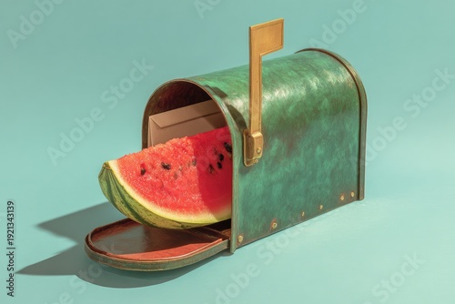 Watermelon slice inside an open mailbox on pastel blue background; quirky minimal still life about summer delivery, unexpected messages, and fresh ideas with copy space.