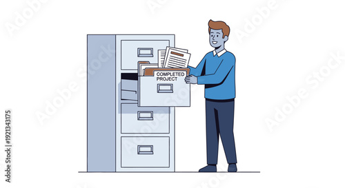 Office Worker Filing Documents in Cabinet Illustration