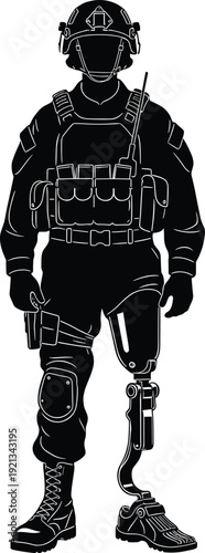 Vector illustration of military soldier in tactical gear with helmet, vest, sidearm, communication device, and advanced prosthetic leg design