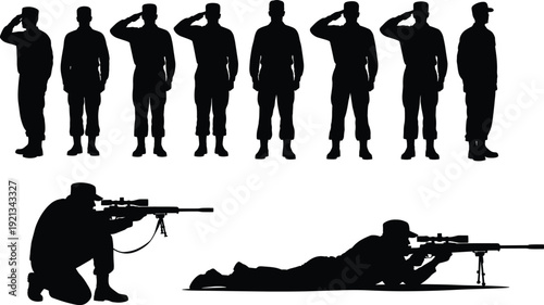 Vector illustration of military soldier silhouettes in formation saluting with rifles, kneeling and prone shooting positions, tactical combat discipline scene