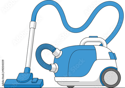 Vector illustration of modern canister vacuum cleaner with hose, nozzle, wheels, handle, blue and white design, household appliance cleaning equipment.