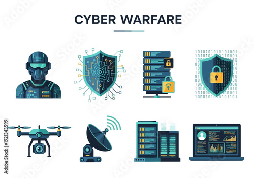 Cyber Warfare Security Threat Icons Digital Defense and Online Battle Concepts