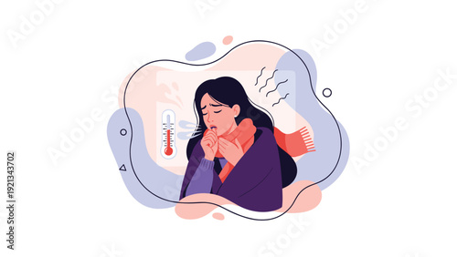 Woman suffering from a cough and fever, wrapped in a blanket and scarf, indicating illness and discomfort during cold season.