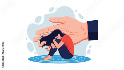 Giant hand gently offering comfort and support to a sad, curled-up woman, symbolizing emotional care, protection, and mental health.