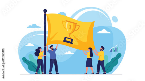 Enthusiastic business team celebrating success by proudly raising a large golden trophy on a flag, symbolizing victory and achievement.