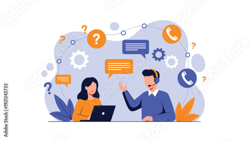 Two customer service representatives providing online support, surrounded by question marks, chat bubbles, and phone icons, for FAQ assistance.