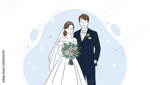 Beautiful newlywed couple, a bride in a white gown holding a bouquet and a groom in a dark suit, standing together after their wedding.