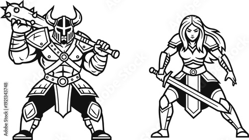 Fantasy armored warriors illustration, surreal medieval concept art with horned mace fighter and heroic sword knight, epic battle design for storytelling projects