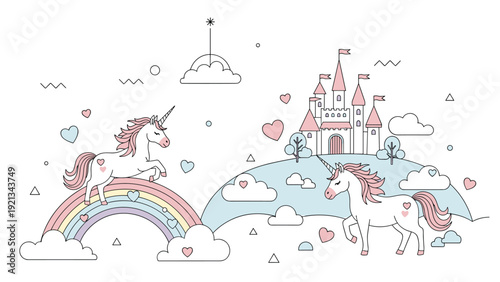 Magical landscape featuring elegant unicorns, a fairytale castle, and a vibrant rainbow with floating hearts and clouds.