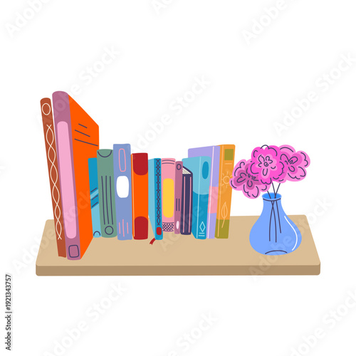 Cozy bookshelf with colorful books and flowers in blue vase. Hand-drawn flat vector illustration. For home library decor, bookstore branding, or reading concept. Vector illustration