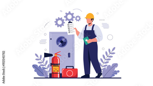 Safety inspector conducting an audit of fire extinguishers and safety equipment, ensuring workplace compliance and hazard prevention.