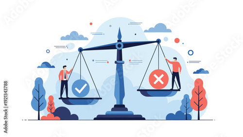 Metaphorical illustration of a giant scale balancing two men, one with a checkmark and one with an X, symbolizing choices and decisions.
