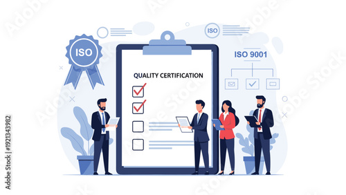 Business team reviewing a quality certification checklist with ISO 9001 standards, ensuring adherence to quality management systems.