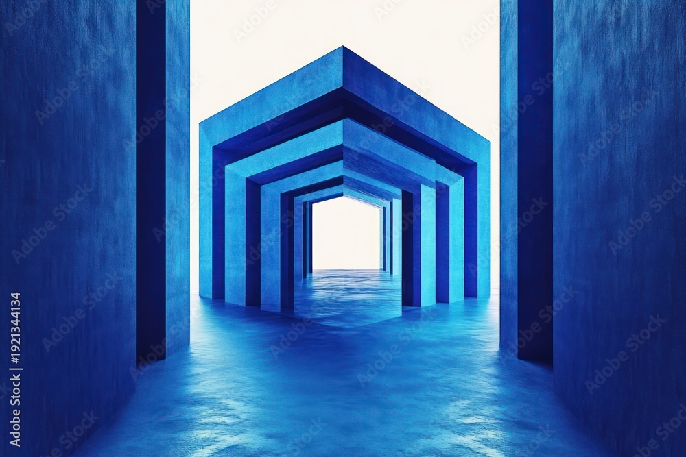 Fototapeta premium symmetrical blue concrete passage with repeating pentagonal frames over reflective water-like floor leading to bright opening, calm and mysterious mood