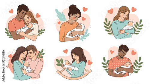 Collection of heartwarming illustrations depicting parents from diverse backgrounds holding and caring for their newborn babies with love and tenderness.