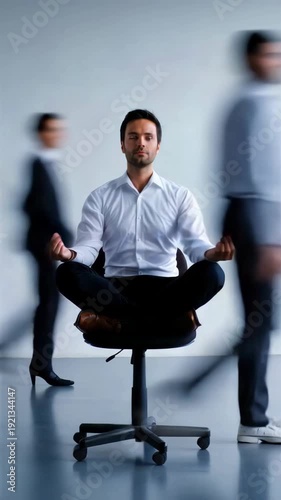 Calm businessman meditating in fast paced office environment with motion blur colleagues, mindfulness under pressure concept, mental resilience, focus and emotional balance in modern corporate life