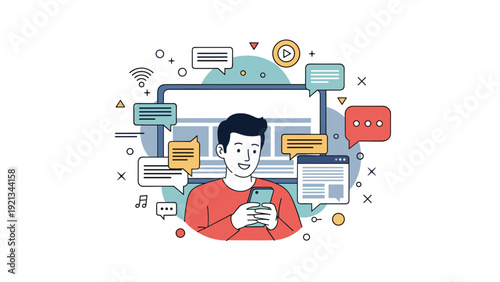 Happy young man using his smartphone, surrounded by numerous chat bubbles and social media icons, symbolizing digital communication and online interaction.