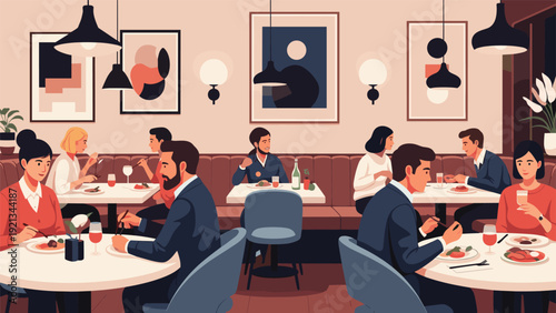 Lively restaurant interior with diverse people dining and socializing at tables, enjoying meals and drinks in a cozy, stylish atmosphere.