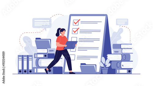 Organized woman efficiently managing documents and a checklist, surrounded by stacks of binders and folders, representing task completion and productivity.