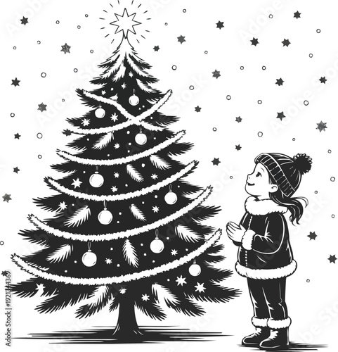 Winter Wonder  Girl Gazing Up at Christmas Tree in Falling Snow