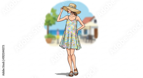 Woman in floral dress and sun hat standing confidently outdoors on a sunny day with a blurred background of a house and tree