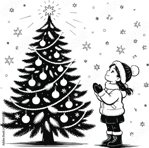 Winter Wonder  Girl Gazing Up at Christmas Tree in Falling Snow