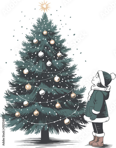 Winter Wonder  Girl Gazing Up at Christmas Tree in Falling Snow