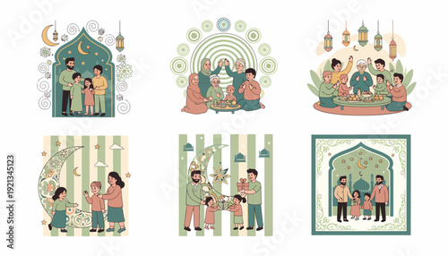 Eid Mubarak Celebrations - Family Gatherings and Festive Traditions in Vector Illustrations.