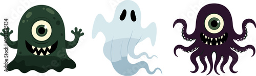 Cartoon monster characters illustration, fantasy horror concept art with cyclopean eye, ghostly figure, octopus tentacle creature, surreal nightmare design for creative projects