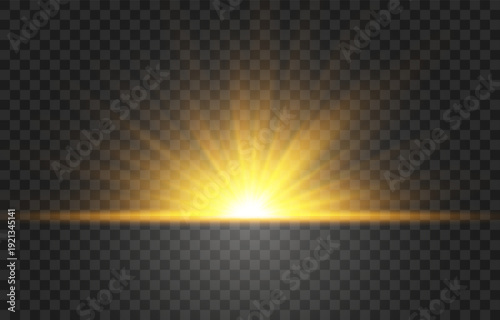 Golden sunrise or sunset light effect with sun rays isolated on transparent png background, vector illustration