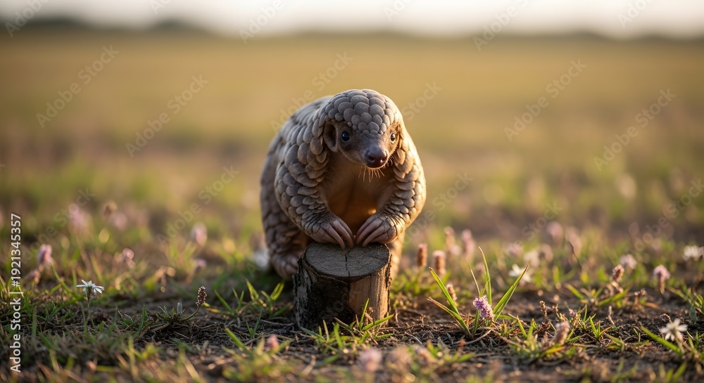 Obraz premium Small pangolin standing on a tree stump in a flower field