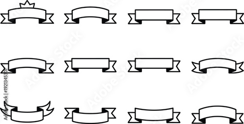 Collection of twelve diverse empty ribbon banners with stylized shapes and a crown element isolated on transparent background