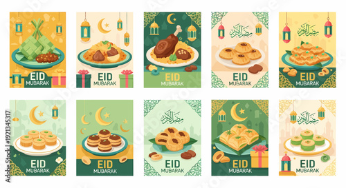 Eid Mubarak Food Illustrations - Traditional Dishes and Festive Treats.