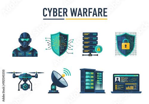 Cyber Warfare Concepts Including Drones, Servers, and Security Icons