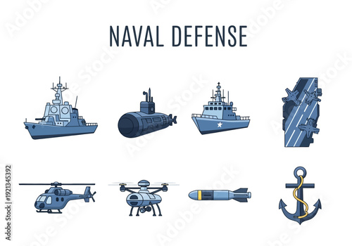 Collection of naval defense vehicles and equipment including ships, submarines, helicopters, drones, and torpedoes