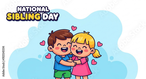 Happy siblings hugging on national sibling day with hearts around them on a blue background