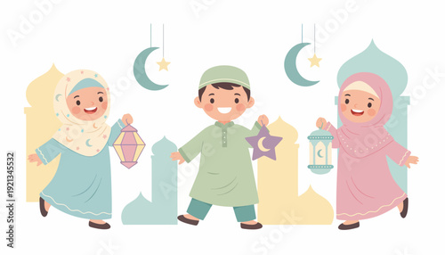 Joyful Muslim Children Celebrating Ramadan with Lanterns and Crescent Moons.