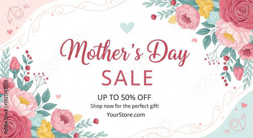 Mother's day sale advertisement with floral design and discount offer